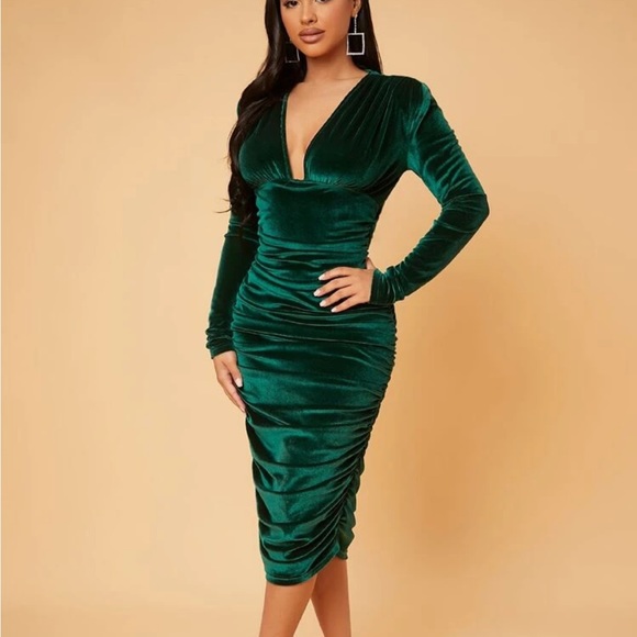 SExyDeep V Neck Ruched Velvet Bodycon Dress womens midi party prom dress maxi - Picture 5 of 6